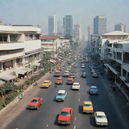 A bustling cityscape of Jakarta in 1980, showcasing its unique architecture and liveliness, with vintage cars on asphalt streets, under a clear sky