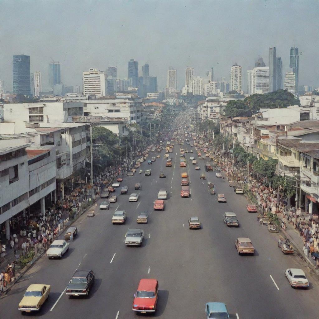 A bustling cityscape of Jakarta in 1980, showcasing its unique architecture and liveliness, with vintage cars on asphalt streets, under a clear sky