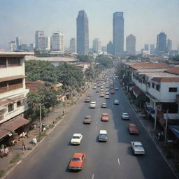 A bustling cityscape of Jakarta in 1980, showcasing its unique architecture and liveliness, with vintage cars on asphalt streets, under a clear sky