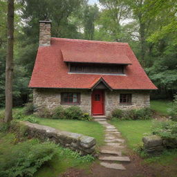 A quaint, charming woodland cottage reminiscent of the one from the Little Red Riding Hood story, with vibrant red shingles, a stone chimney, surrounded by a lush forest.