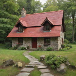 A quaint, charming woodland cottage reminiscent of the one from the Little Red Riding Hood story, with vibrant red shingles, a stone chimney, surrounded by a lush forest.