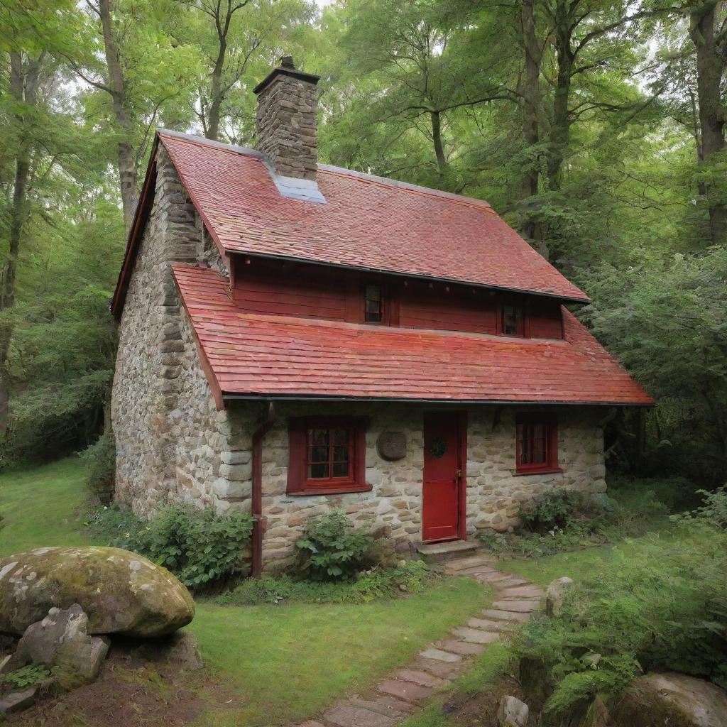 A quaint, charming woodland cottage reminiscent of the one from the Little Red Riding Hood story, with vibrant red shingles, a stone chimney, surrounded by a lush forest.