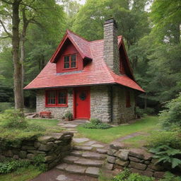 A quaint, charming woodland cottage reminiscent of the one from the Little Red Riding Hood story, with vibrant red shingles, a stone chimney, surrounded by a lush forest.