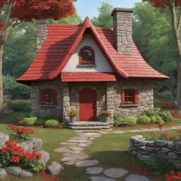 A cartoon version of the quaint, charming woodland cottage from the Little Red Riding Hood story, with exaggerated vibrant red shingles, a whimsical stone chimney, nestled in a stylized lush forest.