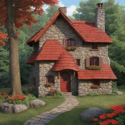 A cartoon version of the quaint, charming woodland cottage from the Little Red Riding Hood story, with exaggerated vibrant red shingles, a whimsical stone chimney, nestled in a stylized lush forest.