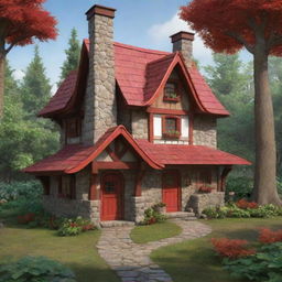 A cartoon version of the quaint, charming woodland cottage from the Little Red Riding Hood story, with exaggerated vibrant red shingles, a whimsical stone chimney, nestled in a stylized lush forest.