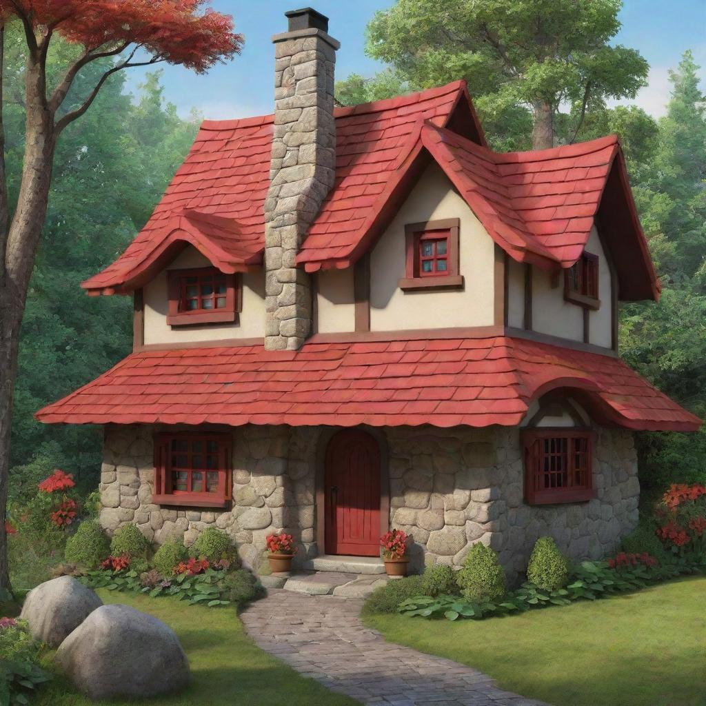 A cartoon version of the quaint, charming woodland cottage from the Little Red Riding Hood story, with exaggerated vibrant red shingles, a whimsical stone chimney, nestled in a stylized lush forest.