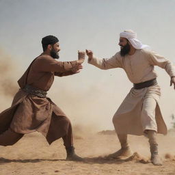 Create an intense battle scene between Muhammad Ramadan and Refa'ie Al-Dessouki