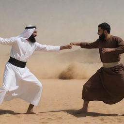 Create an intense battle scene between Muhammad Ramadan and Refa'ie Al-Dessouki