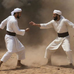 Create an intense battle scene between Muhammad Ramadan and Refa'ie Al-Dessouki