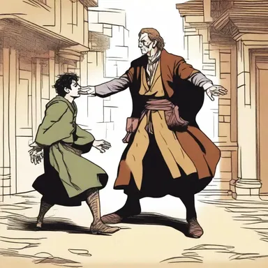 The protagonist bravely faced an evil sorcerer and kicked him right in the cobblers.