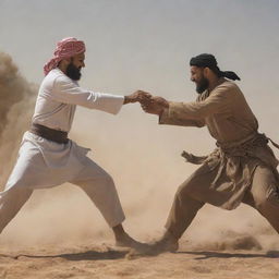 Create an intense battle scene between Muhammad Ramadan and Refa'ie Al-Dessouki