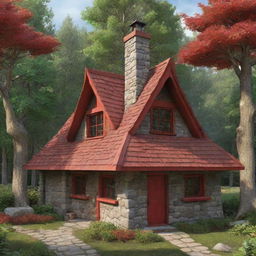 A slightly tilted view of the cartoon version of Little Red Riding Hood's cottage in the middle of a stylized lush forest, highlighting the vibrant red shingles and whimsical stone chimney.