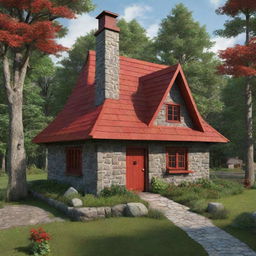 A slightly tilted view of the cartoon version of Little Red Riding Hood's cottage in the middle of a stylized lush forest, highlighting the vibrant red shingles and whimsical stone chimney.