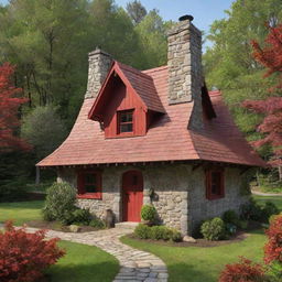 A slightly tilted view of the cartoon version of Little Red Riding Hood's cottage in the middle of a stylized lush forest, highlighting the vibrant red shingles and whimsical stone chimney.