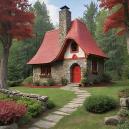 A slightly tilted view of the cartoon version of Little Red Riding Hood's cottage in the middle of a stylized lush forest, highlighting the vibrant red shingles and whimsical stone chimney.