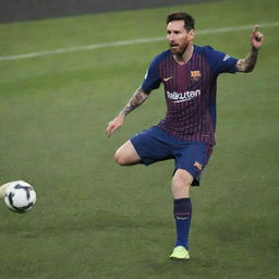 Generate an image of Lionel Messi masterfully dribbling past 100 players and scoring an incredible goal