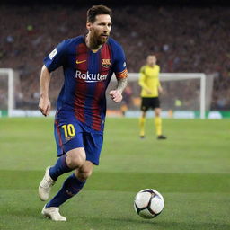 Generate an image of Lionel Messi masterfully dribbling past 100 players and scoring an incredible goal