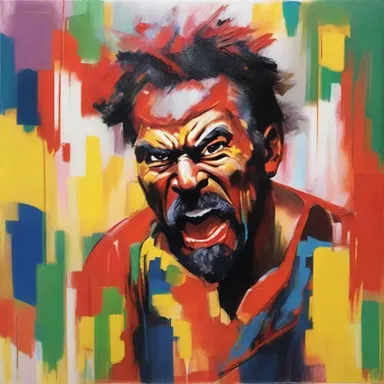 The artist depicted a hotheaded character in his painting, capturing the intense anger and frustration through bold brushstrokes and vibrant colors.