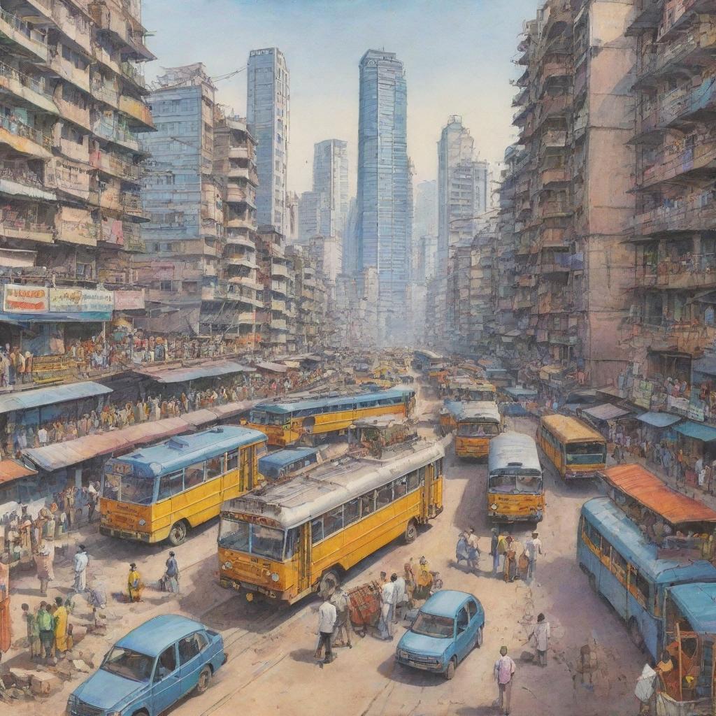 Illustration of Mumbai cityscape with bustling construction sites and busy transportation systems