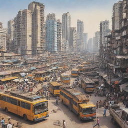 Illustration of Mumbai cityscape with bustling construction sites and busy transportation systems