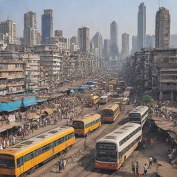 Illustration of Mumbai cityscape with bustling construction sites and busy transportation systems