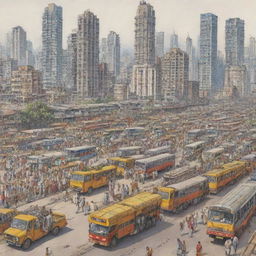 Illustration of Mumbai cityscape with bustling construction sites and busy transportation systems