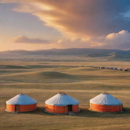 A picturesque Mongolian landscape during sunset, featuring traditional yurts, vast steppes, and a majestic sky aglow with warm hues.