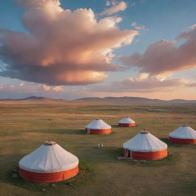 A picturesque Mongolian landscape during sunset, featuring traditional yurts, vast steppes, and a majestic sky aglow with warm hues.