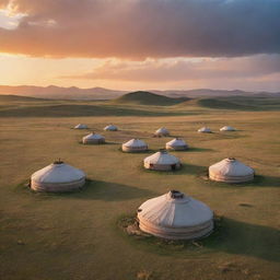 A picturesque Mongolian landscape during sunset, featuring traditional yurts, vast steppes, and a majestic sky aglow with warm hues.