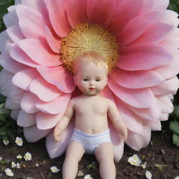 A small boy doll positioned under a massively oversized, blooming flower