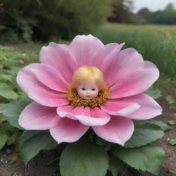 A small boy doll positioned under a massively oversized, blooming flower