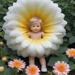 A small boy doll positioned under a massively oversized, blooming flower