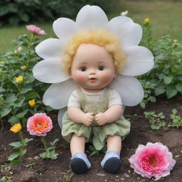 A small boy doll positioned under a massively oversized, blooming flower