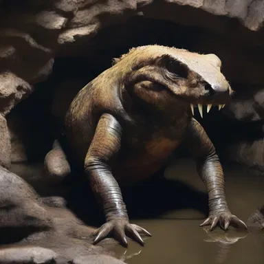 The abandoned mine was rumored to be home to a terrifying labyrinthodont, its slimy skin and sharp teeth causing endless nightmares.