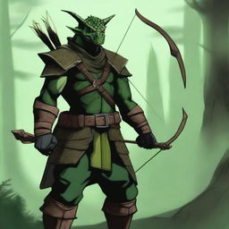 This is a high-quality digital art image depicting a green dragonborn ranger