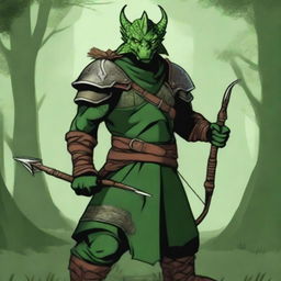 This is a high-quality digital art image depicting a green dragonborn ranger