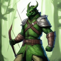 This is a high-quality digital art image depicting a green dragonborn ranger