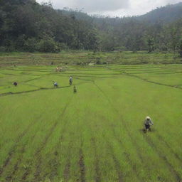 A scene of Indonesian farmers working hard, tilling the field in a verdant, lush rice paddy under the bright sun.