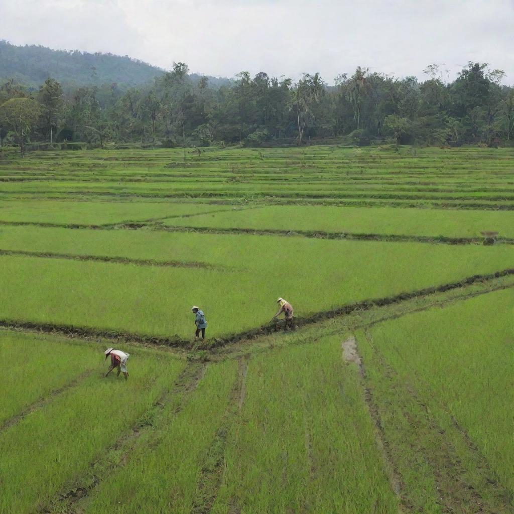 A scene of Indonesian farmers working hard, tilling the field in a verdant, lush rice paddy under the bright sun.