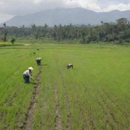 A scene of Indonesian farmers working hard, tilling the field in a verdant, lush rice paddy under the bright sun.