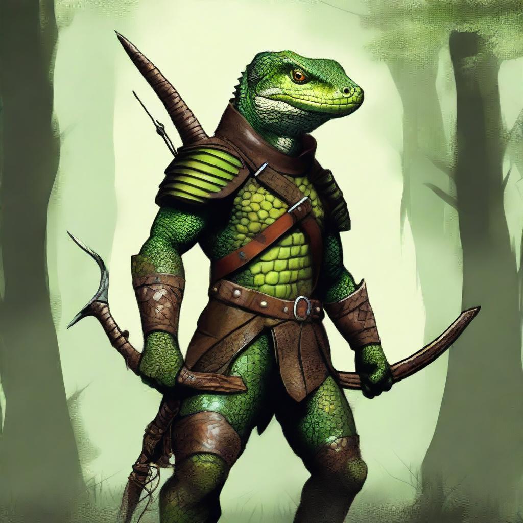 This is a high-quality digital art image featuring a green lizardfolk ranger