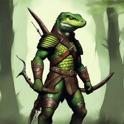 This is a high-quality digital art image featuring a green lizardfolk ranger