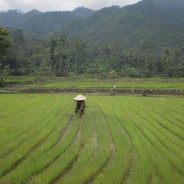 A scene of Indonesian farmers working hard, tilling the field in a verdant, lush rice paddy under the bright sun.