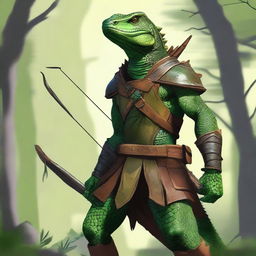 This is a high-quality digital art image featuring a green lizardfolk ranger