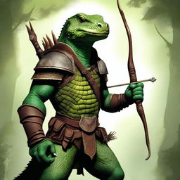 This is a high-quality digital art image featuring a green lizardfolk ranger