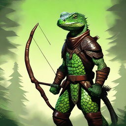 This is a high-quality digital art image featuring a green lizardfolk ranger