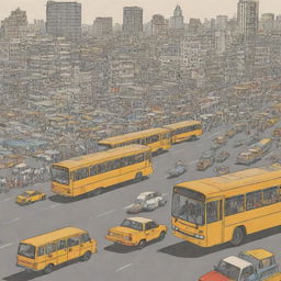 Illustration of Mumbai emphasizing construction and transportation, featuring prominent buildings, busy roads with vehicles, buses, taxis, and local trains.