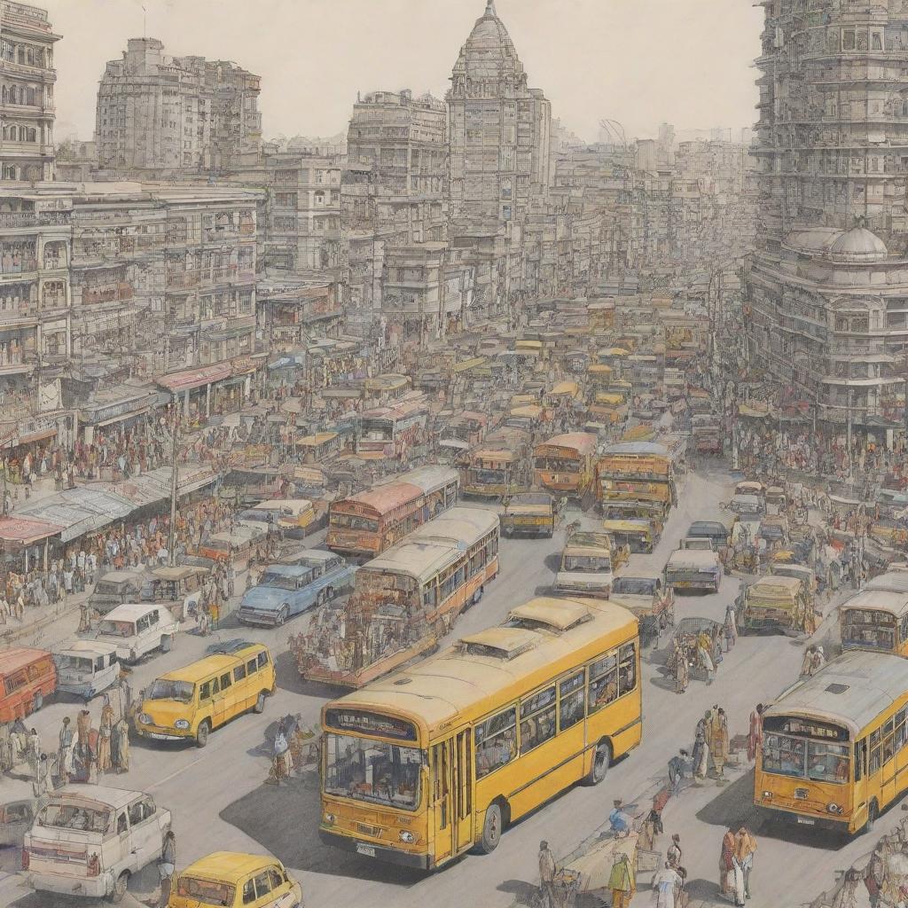 Illustration of Mumbai emphasizing construction and transportation, featuring prominent buildings, busy roads with vehicles, buses, taxis, and local trains.