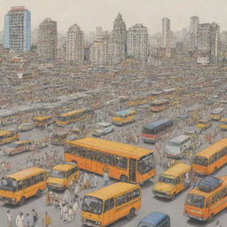 Illustration of Mumbai emphasizing construction and transportation, featuring prominent buildings, busy roads with vehicles, buses, taxis, and local trains.